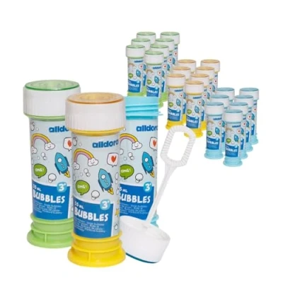 Abbildung von alldoro 63073 Bubble Fun Seifenblasen 24er Set je Dose 55ml Seifenlauge mit Pustestab und Labyrinth Spiel im Deckel, Vorteilspack für Hochzeit, JGA, Kinder ab 36 Monaten &amp; Erwachsene, Mehrfarbig