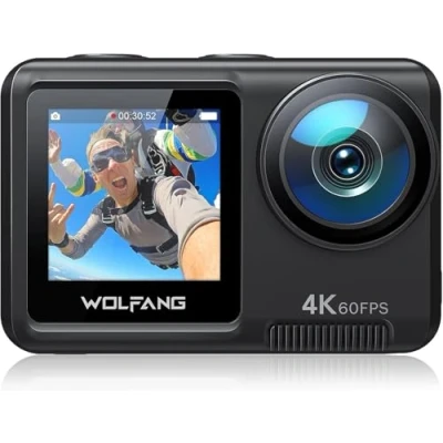 Abbildung von WOLFANG GA420 Action Cam 4K 60FPS Unterwasserkamera WiFi 10M Wasserdicht ohne Gehäuse 3.0 EIS Bildstabilisator Dual Screen Helmkamera (Externem Mikrofon, 2x1350mAh Akkus und Zubehör Kit)