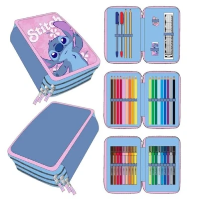 Abbildung von CERDÁ LIFE&#039;S LITTLE MOMENTS Stitch Schulmäppchen für Kinder, Rosa, Reißverschluss, 12,5 x 6,5 19,5 cm, Dreifachfach, inklusive Zubehör, Originalprodukt, entworfen in Spanien, Federmäppchen