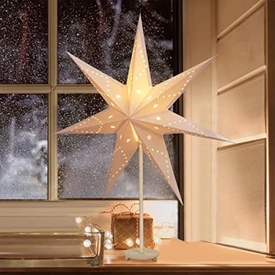 Abbildung von SALCAR LED Weihnachtsstern Beleuchtet Fenster 35cm, Papierstern Weihnachten mit E14 Lampe, 3D Leuchtstern Stehend Adventsstern Eisensockel Fuß, Weiß