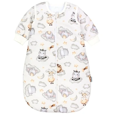 Abbildung von TupTam Schlafsack Baby 2.5 TOG Ganzjahresschlafsack mit abnehmbaren Ärmeln, OEKO TEX zertifiziert, Farbe: Safari Tiere auf Wolken/Beige/Grau, Größe: 68 74