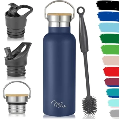 Abbildung von Milu Edelstahl Trinkflasche 350ml 500ml 750ml 1000ml (+3 Deckel) Thermosflasche mit Strohhalm, Isolierte Wasserflasche, Auslaufsichere Isolierflasche doppelwandig (Navyblau, 750ml)