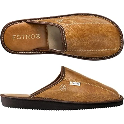 Abbildung von ESTRO Hausschuhe Herren Leder Herrenhausschuhe Hausschuh Männer Pantoffel Pantoffeln Pantoletten Slipper Mann Warm Rust (43 EU, Kamel, 43)