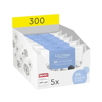 Abbildung von LILLYDOO Baby Feuchttücher mit 99% Wasser, 5 x 60 Stück (300 Feuchttücher), 100% plastikfreies Tuch, ohne Parfüme &amp; mild wie Watte und Wasser (FSC Mix)