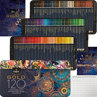 Abbildung von Castle Art Supplies 120 Buntstifte Set (Gold Standard) Hochwertige Farbkerne auf Ölbasis, spitzer &amp; widerstandsfähiger gegen Bruch Für erfahrene Künstler, Farbkünstler Präsentationsbox aus Blech