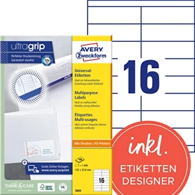 Abbildung von AVERY Zweckform 3665 Adressaufkleber (1.600 Klebeetiketten, 105x33,8mm auf A4, Papier matt, individuell bedruckbare Absenderetiketten, selbstklebende Adressetiketten mit ultragrip) 100 Blatt, weiß