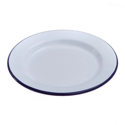 Abbildung von HENDI Emaille Teller flach Ø 24 cm stapelbar Gastro weiß blauer Rand