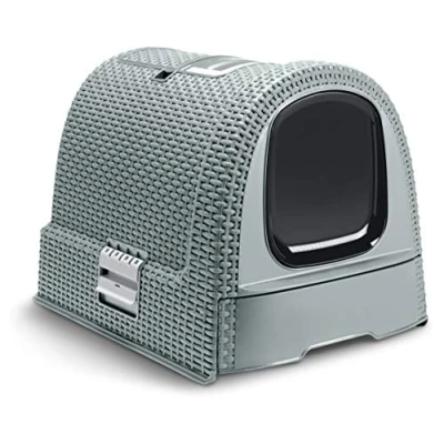 Abbildung von Curver petlife Katzentoilette mit Deckel, Katzenklo inklusive Schaufel, moderne Rattangeflecht Optik, grau blau, 51,5 x 38,5 40 cm
