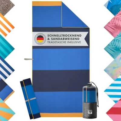 Abbildung von Blumtal Strandhandtuch 90x180 cm aus Mikrofaser kompaktes und schnelltrocknendes Handtuch/Strandtuch XXL Stranddecke sandfrei mit Band Microfaser Handtücher in Blau gestreift