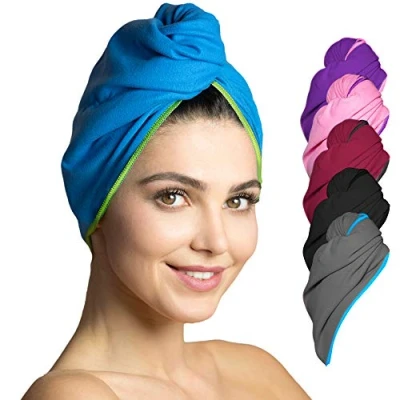 Abbildung von Fit Flip Haarturban Mikrofaser 1 Stück Haarhandtuch mit Knopf schnelltrocknend und saugstark Microfaser Kopf Turban Haar Handtuch (blau grün)