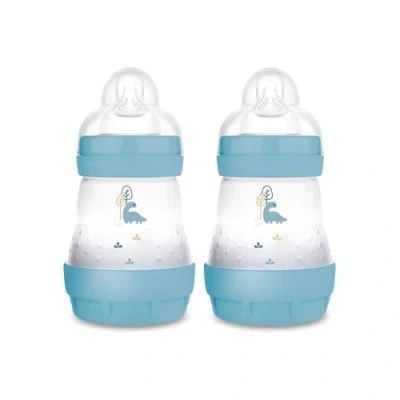 Abbildung von MAM Easy Start Anti Colic Babyflasche im 2er Set (160 ml), besonders gut akzeptierte Milchflasche, Baby Trinkflasche mit Bodenventil gegen Koliken &amp; Sauger Größe 1, 0+ Monate, Dino