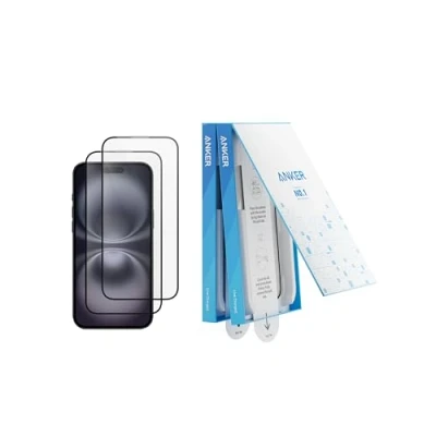 Abbildung von Anker Displayschutzfolie, blasen und staubfreies HD Panzerglas, Schutzfolie für iPhone, langlebig sturzsicher mit 9H Härte, einfache Installation, exklusiv iPhone 16 (2er Pack)