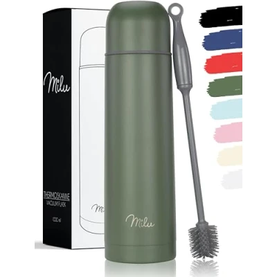 Abbildung von Milu Thermosflasche Thermoskanne Isolierflasche 1L, 750ml, 500ml Isolierte Edelstahl Trinkflasche, 100% Auslaufsicher, Doppelwandisolierung (Olivgrün, 500ml)