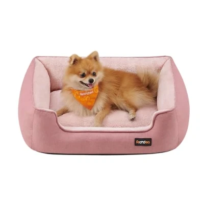 Abbildung von Feandrea Hundebett, Hundekissen in Leinenoptik, Hundekorb, erhöhte Ränder, rutschfeste Unterseite, Bezug abnehmbar waschbar, M, für kleine Hunde, 70 x 55 21 cm, pastellrosa PGW010R01