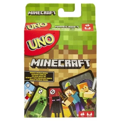 Abbildung von Mattel Games UNO Minecraft Edition Kartenspiel mit Charakteren aus und einer besonderen Creeper Karte, für die ganze Familie Fans von ab 7 Jahren, FPD61