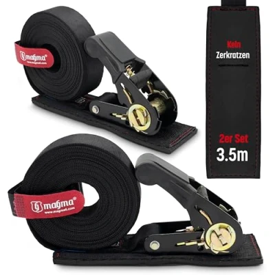 Abbildung von MAGMA 2 Pack 3.5M Spanngurte mit Ratsche und Kratzschutz Zurrgurte Spanngurt Set Ratschengurte Binden Sie Kajak, Surfbrett, Kanu, Fahrrad, Motorrad Last: 1600kgf/Unit. Schwarz