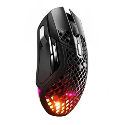 Abbildung von SteelSeries Aerox 5 Wireless RGB Gaming Mouse mit Öffnungen in der Oberfläche Federleichtes, wasserabweisendes Design 9 Tasten Bluetooth/2,4 GHz Optischer TrueMove Air Sensor 18.000 DPI