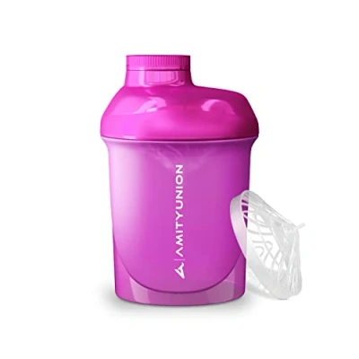 Abbildung von AMITYUNION Frauen Protein Shaker 400 ml Pink Deluxe ORIGINAL Eiweiß auslaufsicher BPA frei mit Sieb, Skala für Cremige Whey Shakes, Gym Fitness Becher Isolate und Sport Konzentrate