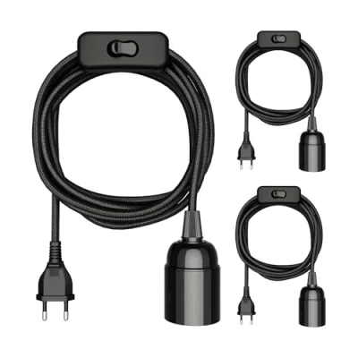 Abbildung von ledscom.de 3 Stück Textilkabel LEHA, Stecker, Schalter, schwarz, m, Lampen Fassung, 1x E27 max. 60W