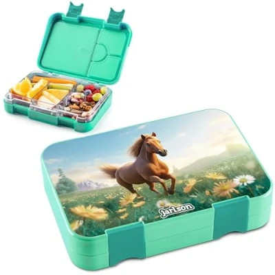 Abbildung von Jarlson® Brotdose Kinder mit Fächern TONI Lunchbox Bento Box auslaufsicher Jausenbox für Kindergarten und Schule Mädchen Jungen Vesperbox Snackbox (PFERD)