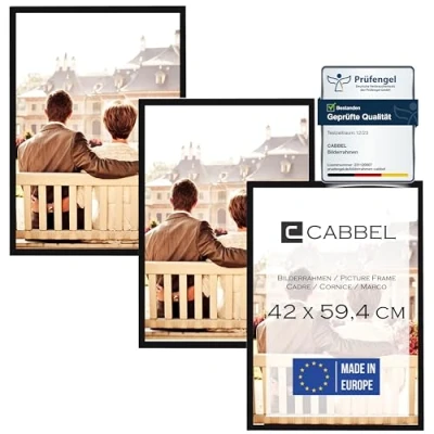 Abbildung von CABBEL Dreierpack (3 Stk.) Bilderrahmen 42x59,4 cm MDF Holz Rahmen in Schwarz mit bruchsicherem Plexi Glas/Modern, zum Aufhängen, ideal für Fotos/Bilder/Collage