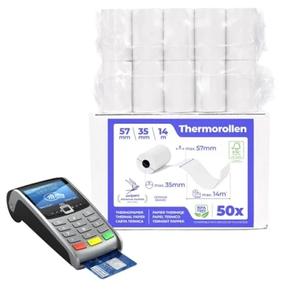 Abbildung von SWIPARO Ec Cash Thermorollen 57mm x 14m 12mm Kassenrollen Thermopapier Bonrollen für Bankomat Kredit Kartenlesegeräte 57x35x12 (50 Stk)