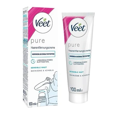 Abbildung von Veet PURE Haarentfernungscreme für sensible Haut geeignet Anwendung Bikini &amp; Achseln 100 ml Tube mit gewölbtem Applikator und Spatel
