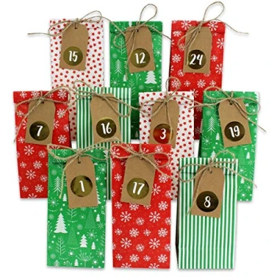 Abbildung von Papierdrachen Adventskalender zum Befüllen 24 Bedruckte Geschenktüten und Zahlenaufkleber Klammern Motiv Rot Grün Basteln Verschenken Weihnachten