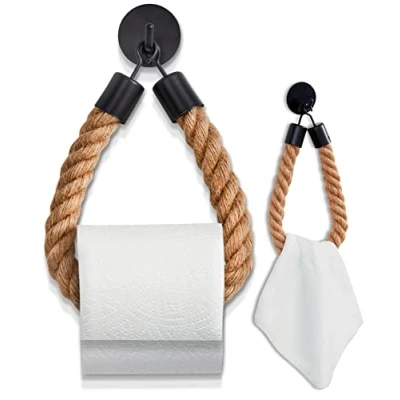 Abbildung von HENNEZ Toilettenpapierhalter ohne Bohren schwarz matt KLEBEN STATT Klorollenhalter Klopapierhalter Seil WC Rollenhalter Papier Halterung Toilettenrollenhalter Vintage