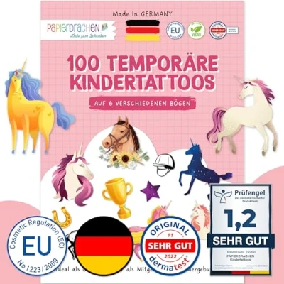 Abbildung von Papierdrachen 100 besonders hautfreundliche Tattoos für Mädchen Kindertattoos mit Pferde kindgerechte Designs als Geburtstagsmitgebsel oder Geschenkidee 100% vegan &amp; geprüft