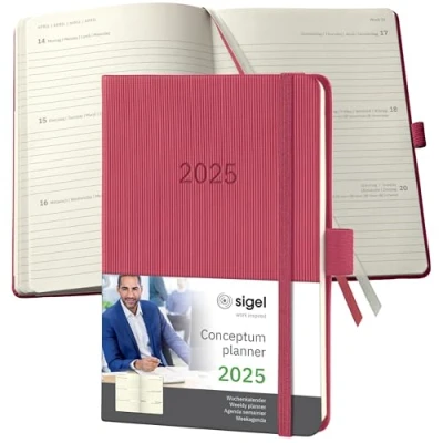 Abbildung von SIGEL C2571 Wochenplaner Wochenkalender 2025, ca. A6, rot, Hardcover, 176 Seiten, Gummiband, Stiftschlaufe, Archivtasche, aus nachhaltigem Papier, Conceptum