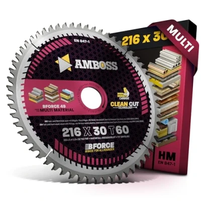 Abbildung von HM Kreissägeblatt 216x30 Z60 Flachzahn mit Wechselfase für Multi Feinschnitt. AMBOSS WERKZEUGE® Sägeblatt 216mm komp. zu Metabo TS 216 Bosch GCM 8. 800 SJ. PCM 8.GCM 305 D Güde GFO 1401