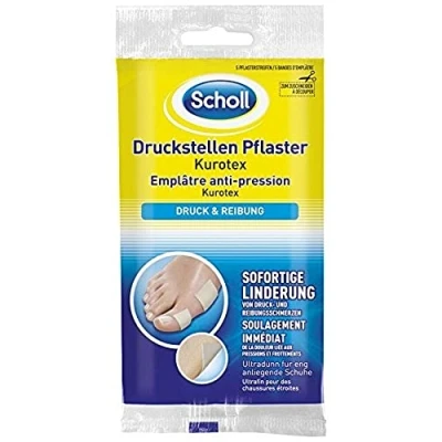 Abbildung von Scholl Druckstellen Pflaster Kurotex, 5 Pflasterstreifen zum Zuschneiden, Stück schütz vor Reibung und lindert Druckschmerzen extra dünn ideal für eng anliegende Schuhe, Klein