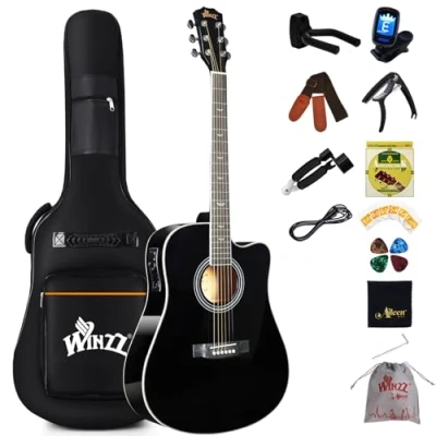 Abbildung von Winzz 4/4 Elektro Akustische Gitarre, Westerngitarre Set Erwachsene Anfänger, Akustikgitarre 41 Zoll mit 4 Band Equalizer (Dreadnought,Glänzend, Schwarz)