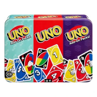Abbildung von Mattel Games UNO Kartenspiel mit 2 Add On Packs &amp; Sammeldose für Kinder, Erwachsene Familienspielabende. bis 10 Spieler, JCV60