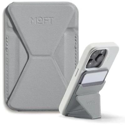 Abbildung von MOFT Magnetischer Wallet Ständer für iPhone 16/15/14/13/12 Serie Kompatibel mit MagSafe, MOVAS Vegan Leder Handyständer 3 Betrachtungswinkeln, 2 Kartenhalter (Cement)