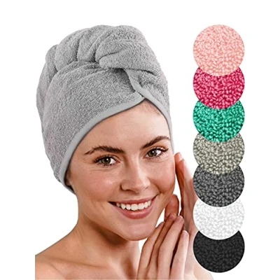 Abbildung von LAYNENBURG Premium Haarturban mit Knopf aus 100% Baumwolle Haar Handtuch inkl. 4 Haargummis für Kurze und Lange Haare Turban ist schnelltrocknend saugstark (grau)