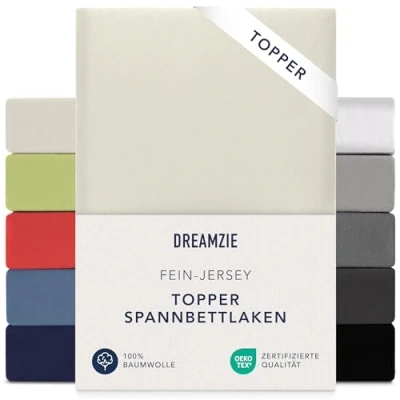 Abbildung von Dreamzie Premium Topper Spannbettlaken 140x200 cm 160x200 extra niedriger Seitenhöhe für Boxspringbett Topperauflage Spannbetttuch Jersey Baumwolle, 150 g/m² Oeko TEX Beige