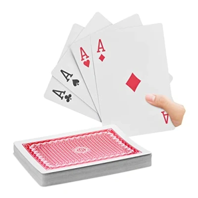 Abbildung von Relaxdays 10023627 Jumbo Pokerkarten, 54 Karten, wasserfeste XXL Kunststoffspielkarten, Spaßgeschenk o. Deko,18 x 13 cm, bunt