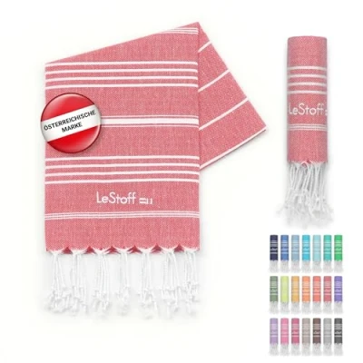 Abbildung von LeStoff Premium Hamamtuch 100% Bio Baumwolle Vorgewaschen, Nachhaltig, Saugstark &amp; Schnelltrocknend Strand, Bade, Dusch, Yoga, Spa Reise Tuch (50 x 100 cm, Red)