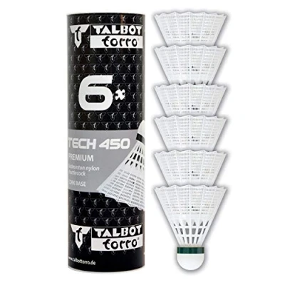 Abbildung von Talbot Torro Tech 450 Badmintonbälle 6er Dose, verschiedene Farben/Geschwindigkeiten wählbar (weiß/gelb, Geschwindigkeiten: langsam, mittel, schnell), Premium Nylonfederball für Indoor &amp; Outdoor