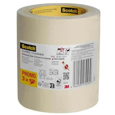 Abbildung von Scotch Kreppband Classic, Promo Pack, 3 Rollen, 36 mm x 50 m Hochwertiges Abklebeband für vielseitigen Einsatz, Premium Malerkrepp Malerarbeiten und Dekoration, 70% PEFC zertifiziert