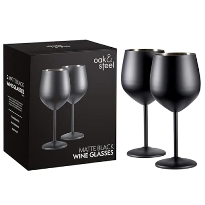 Abbildung von Oak &amp; Steel 2 elegante schwarze Edelstahl Weingläser, 540 ml unzerbrechliches Glas Geschenkset, für Innen und Außenbereich, Geburtstage, Gartenpartys, Camping Grillabende