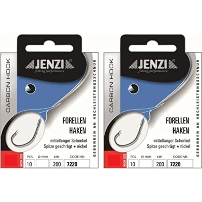 Abbildung von Set: 2 Packungen JENZI gebundene Forellenhaken (20 Stück) Mono,extra lang Sbirolino 200cm Spirolino Hakengröße, 4, 6, 8, 10, je nach Auswahl + gratis Petri Heill! Aufkleber (Hakengröße 8)