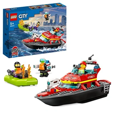 Abbildung von LEGO 60373 City Feuerwehrboot, Spielzeug, das im Wasser schwimmt, mit Rennboot, 3 Minifiguren und Jetpack, Feuerwehr Boot Spielzeug Geschenkidee für Jungen Mädchen ab 5 Jahren