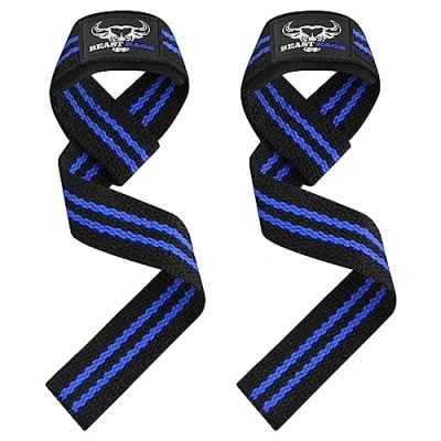 Abbildung von BEAST RAGE Zughilfen für Krafttraining (Fitness Straps) Kreuzheben Gurte Frauen Männer (Gepolstert) Gewichthebergurte Baumwolle Handgelenkstütze Griffe Hantel Bar (Lifting (Schwarz/Blau)