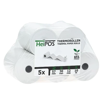 Abbildung von HeiGroup HeiPOS 50x Thermorollen BPA frei (B/Ø) 57mm / 30mm Länge 10m, Kern Ø 12mm, Flächengewicht 52 g/m2, Dicke 60 µm, 10 Jahre Haltbarkeit