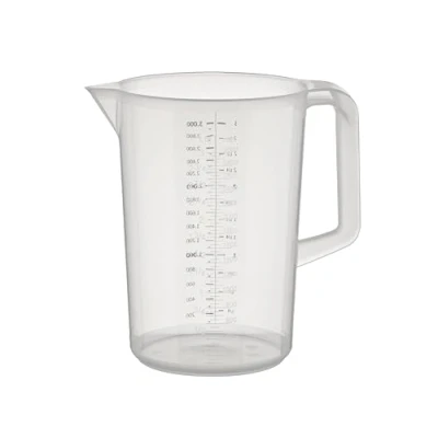 Abbildung von APS Messbecher 3 Liter, Ø 17,5 x H: 23,5 cm, Kunststoffbecher mit geprägter Maßskalierung außen, geschlossener Griff, 1 und ml Liter Einteilung, spülmaschinengeeignet