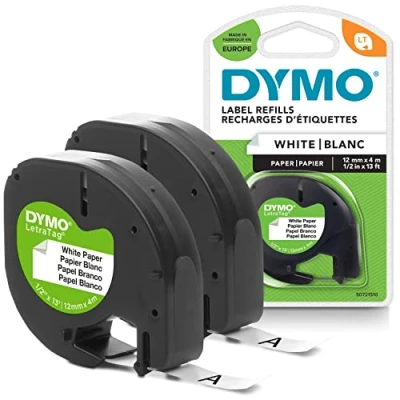 Abbildung von DYMO Original LetraTag Papier Etikettenband schwarz auf weiß 12 mm x 4 m selbstklebendes Schriftband für Beschriftungsgerät 2 Etikettenkassetten