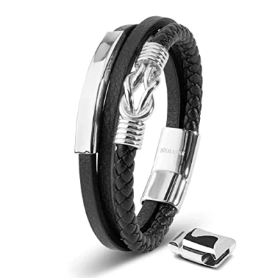 Abbildung von SERASAR Herren Armband 20cm Silber Männer Leder Armreif Lederband Herrenarmreif Armschmuck Schmuck Herrenschmuck Armkette Flecht Wickelarmband Armbändchen Bracelet